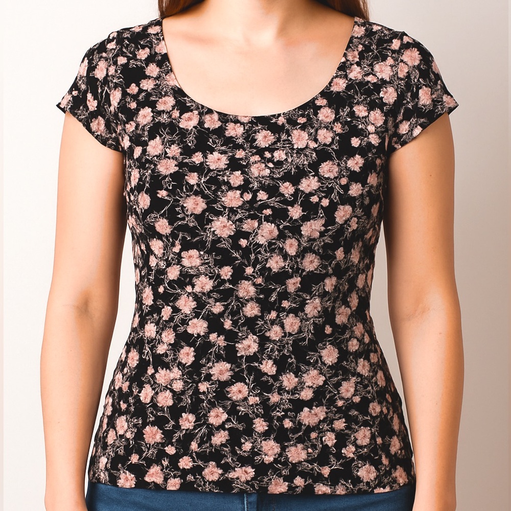 BLACK Top from GARAGE with Pink flowers